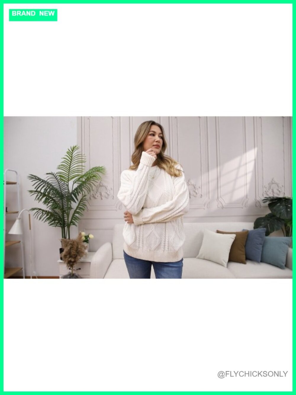 Women's Oversized Cable Knit Chunky Pullover Sweater Crew Neck - Picture 6 of 6